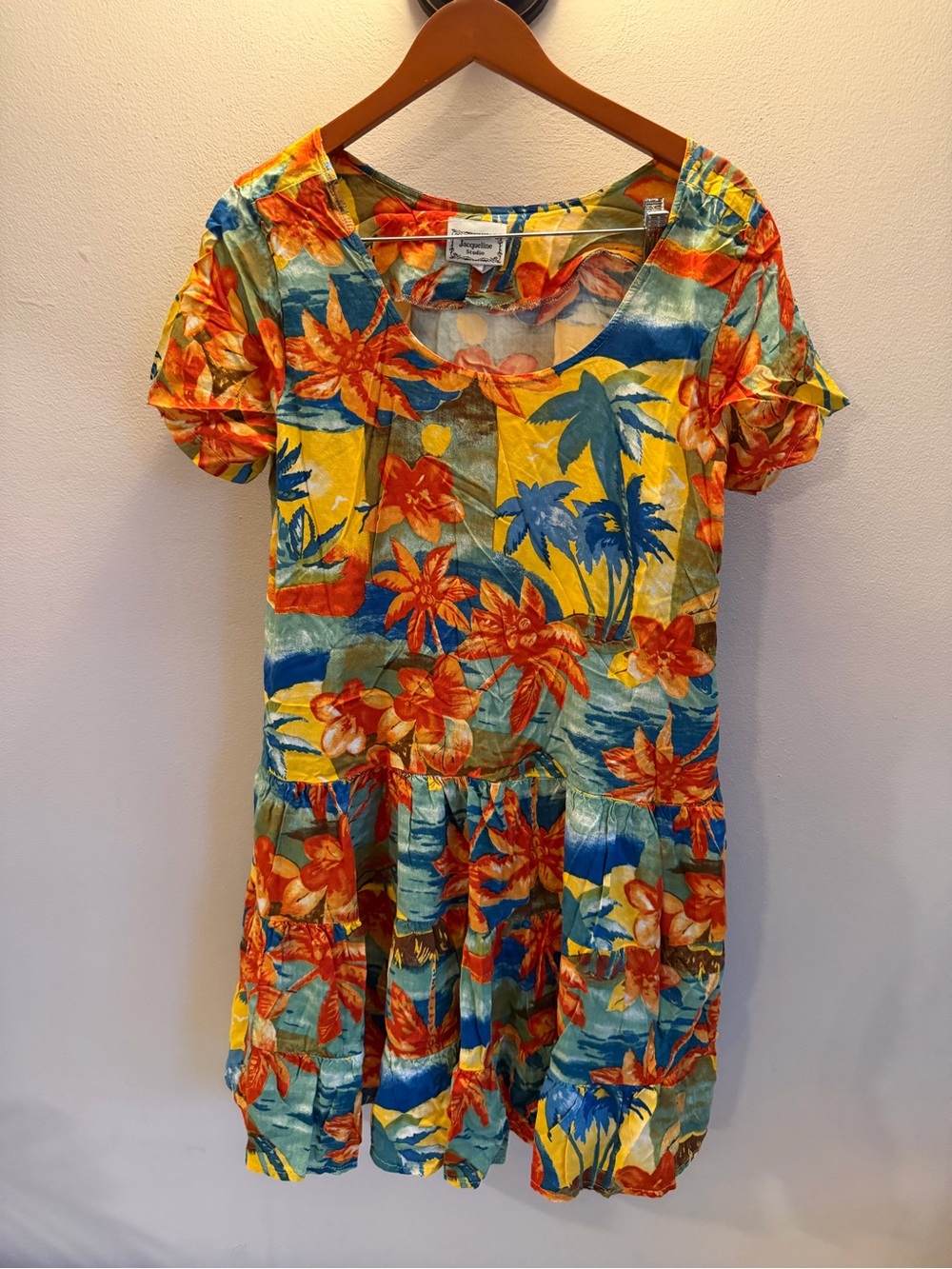 Jacqueline Studio Womens XL Tropical Palm Tree Hibiscus Tiered Mini Dress 2246